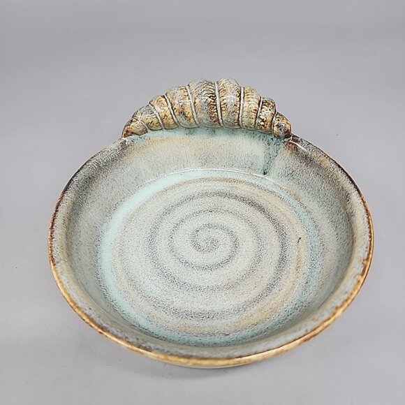 Art Pottery Soap Trinket Dish Shell Swirl Decor On Edge Blue Brown 5" - Picture 1 of 5